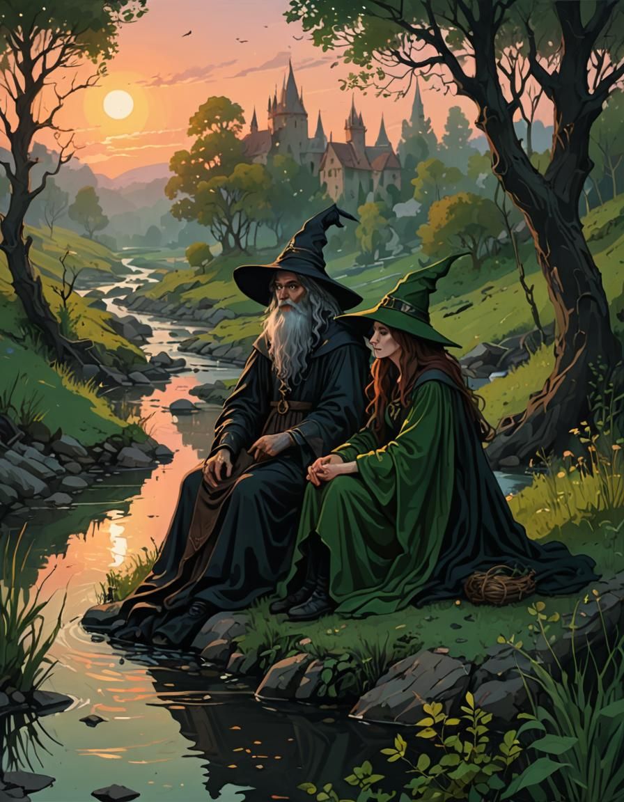 Wizard and Witch by Creek at Sunset: Medieval Style