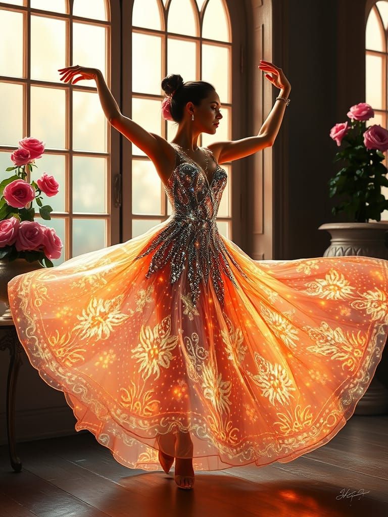 Ethereal Dancer in Fiber Optic Gown, Oil Paint Style