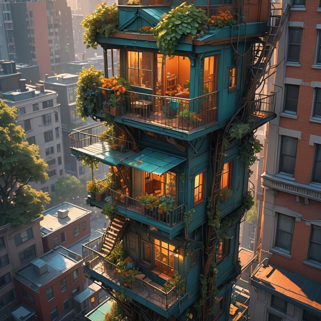 Treehouse Oasis on High-Rise Ledge: Detailed Concept Art