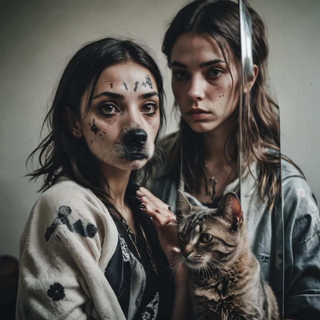 Reflections: Girl, Dog, Cat Portrait in Ambient Light