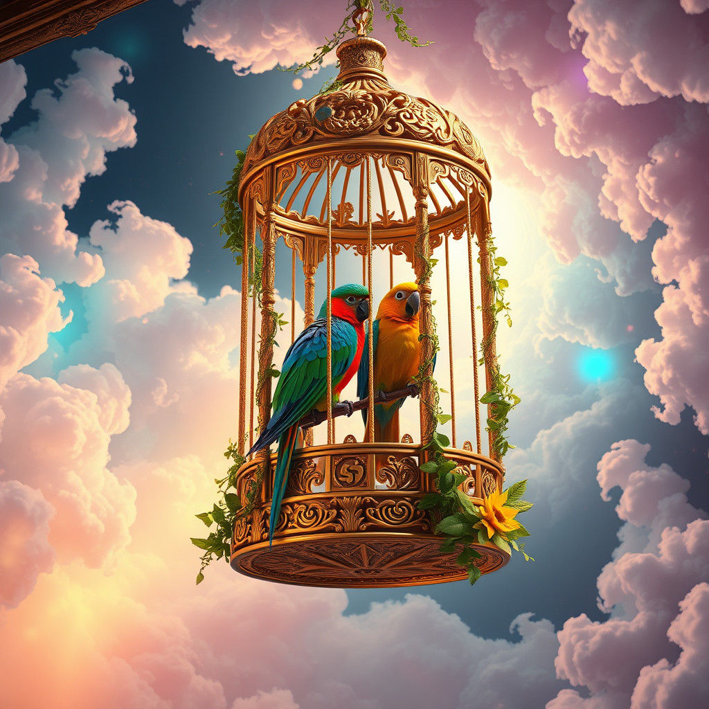 Exotic Canaries in Ornate Cage: Dreamlike Digital Art
