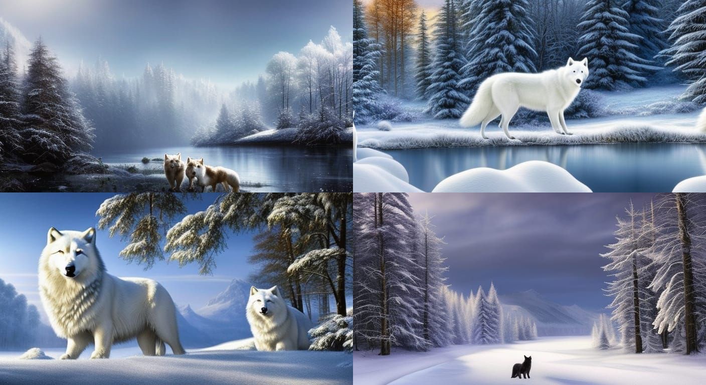 Wolves in Winter River Landscape, Digital Art