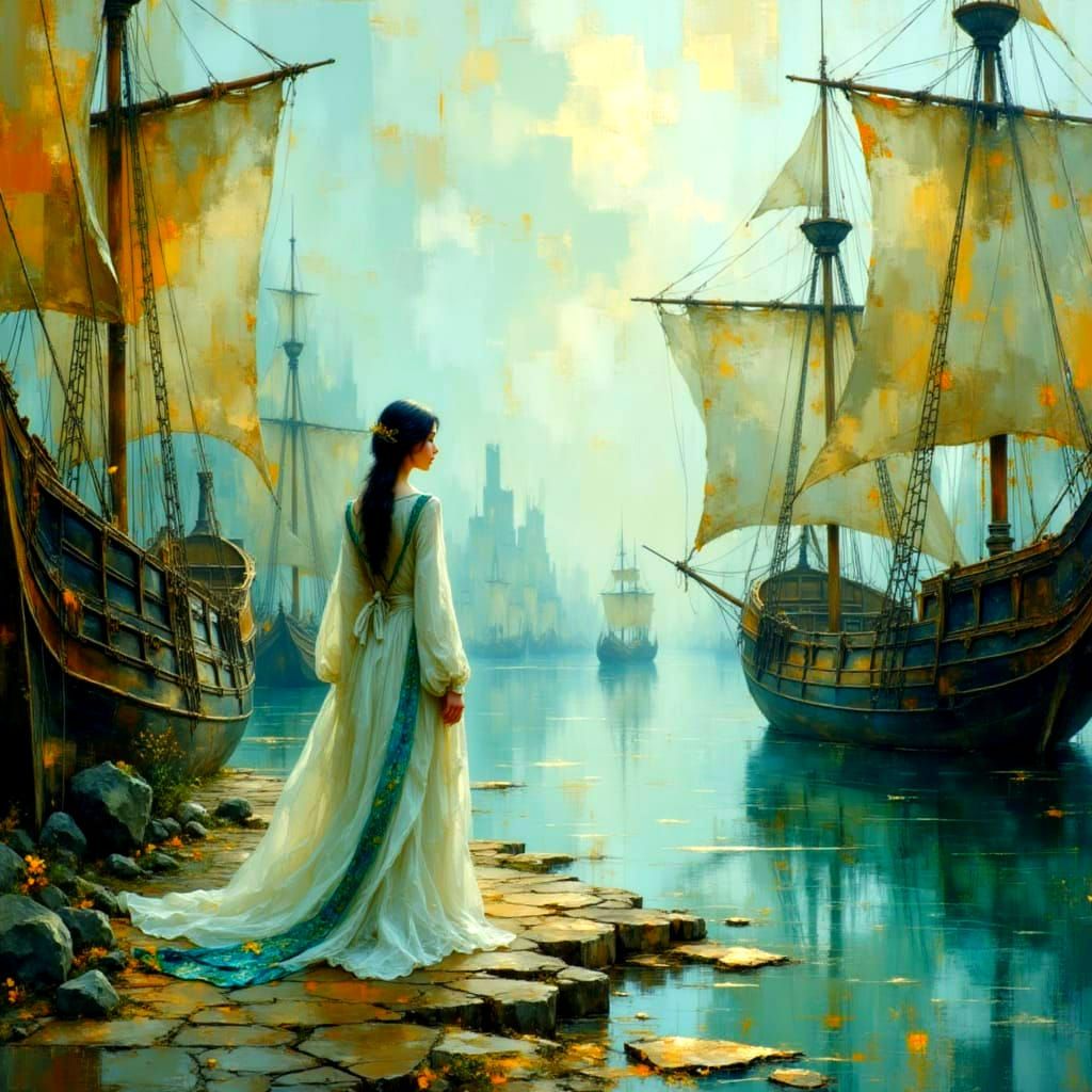 Atmospheric Ships at Dock in Medieval Town