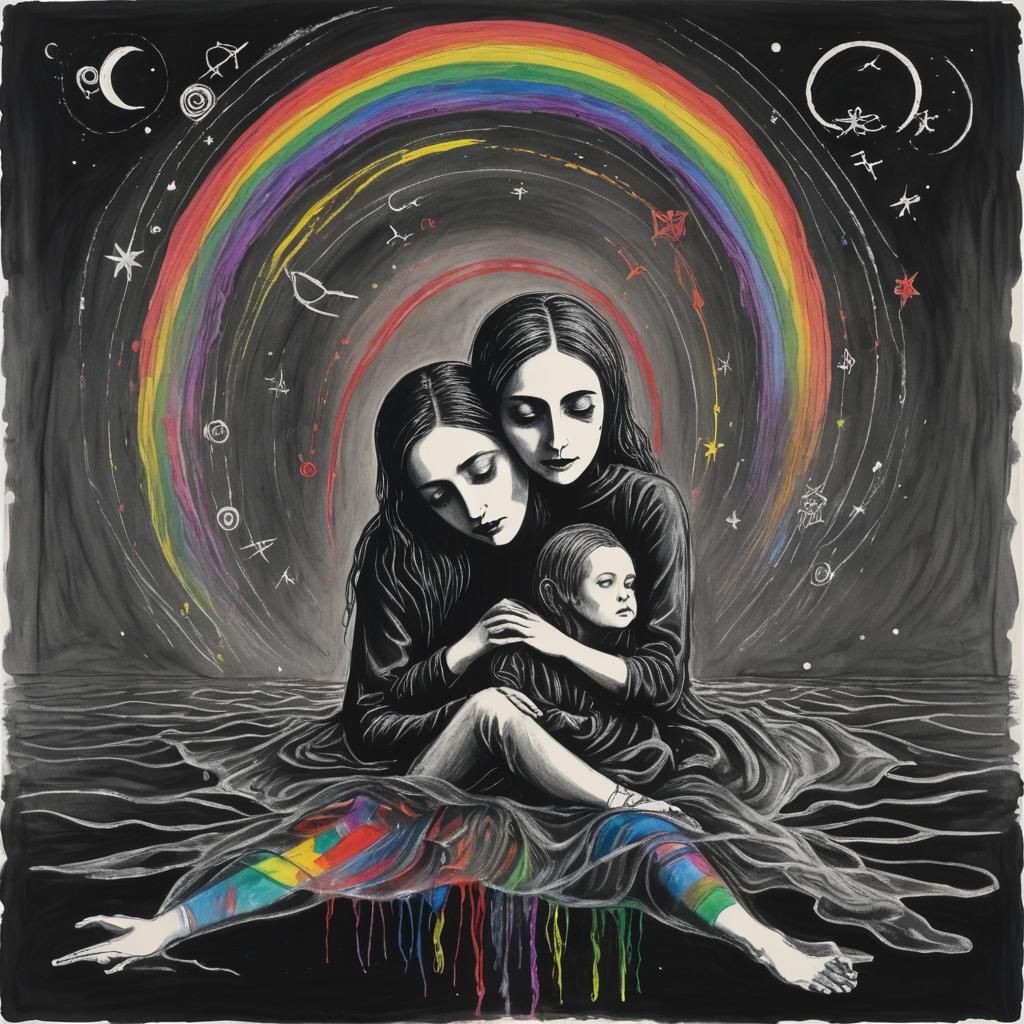 Surreal Crayon Drawing of Goth Mother and Child