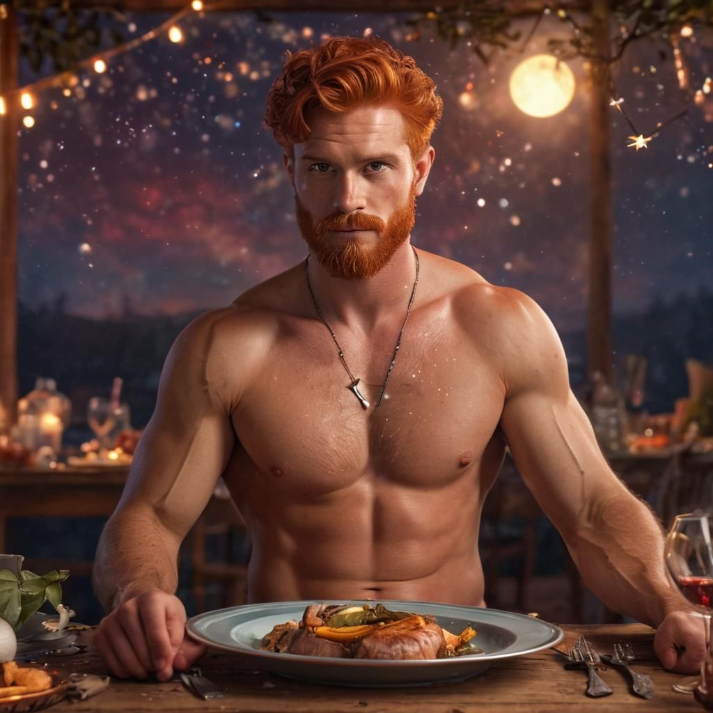 Handsome rugged woodsman muscular red hair shirtless MAN at a table,  filled by  Elegant iridescent  transparent shimmer...