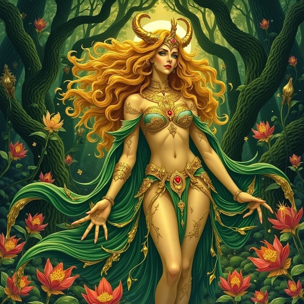 Goddess in Art Nouveau Forest, Klimt and Mucha Style