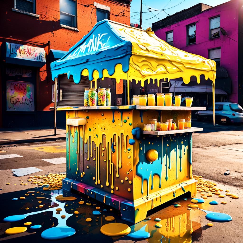 Surreal Graffiti Lemonade Stand in Dreamlike City