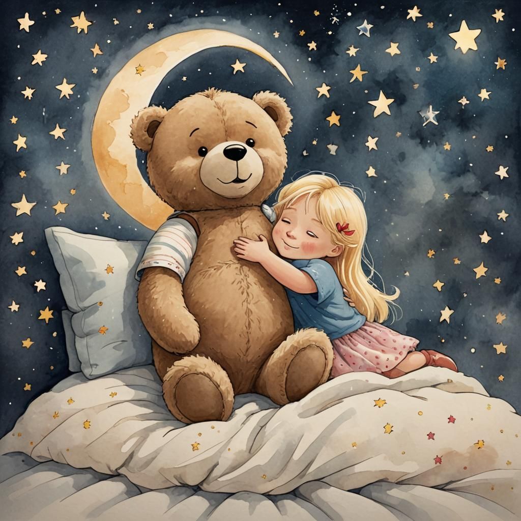 Teddy Bear Hugs Girl: Good Night Greeting Card