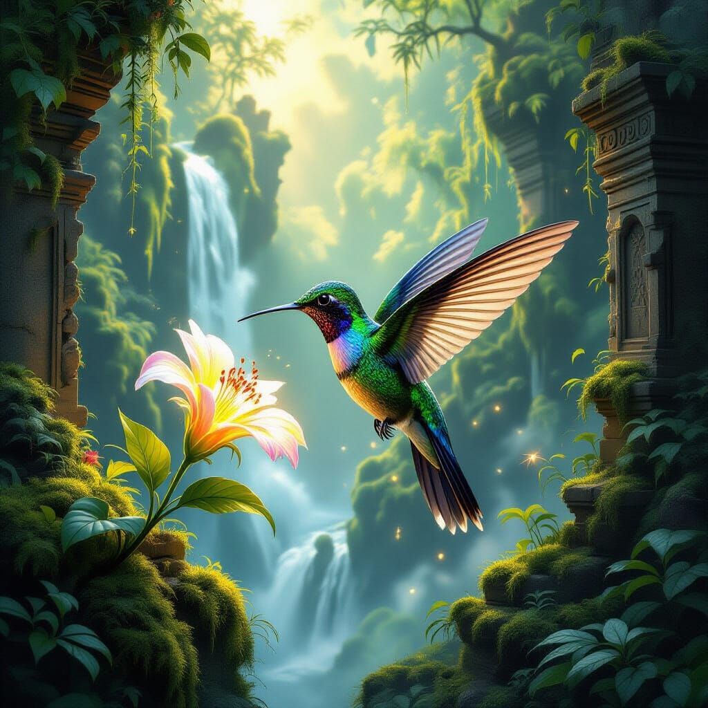 Bioluminescent Hummingbird Sips Nectar in Jungle Valley