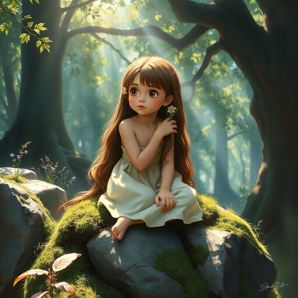 Girl in Enchanted Forest, Ghibli-esque Acrylic Painting