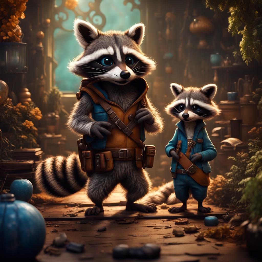Raccoon Family Portrait in Detailed Matte Painting Style