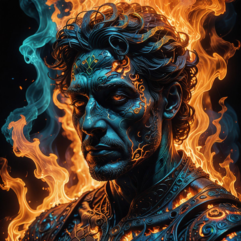 Weary Figure Emerges from Smoldering Embers in Vibrant, Ethe...