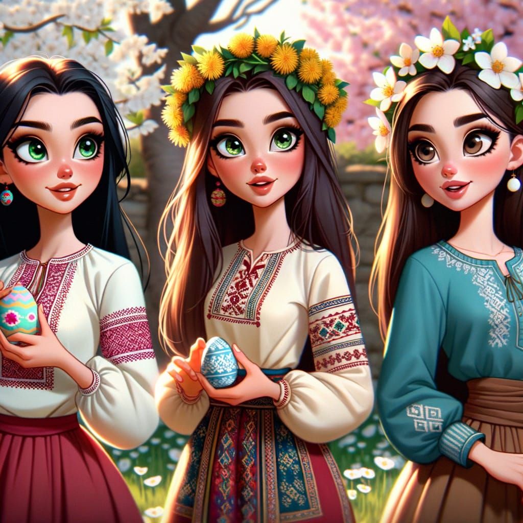 Classic Animation Women in Vibrant Traditional Ukrainian Att...