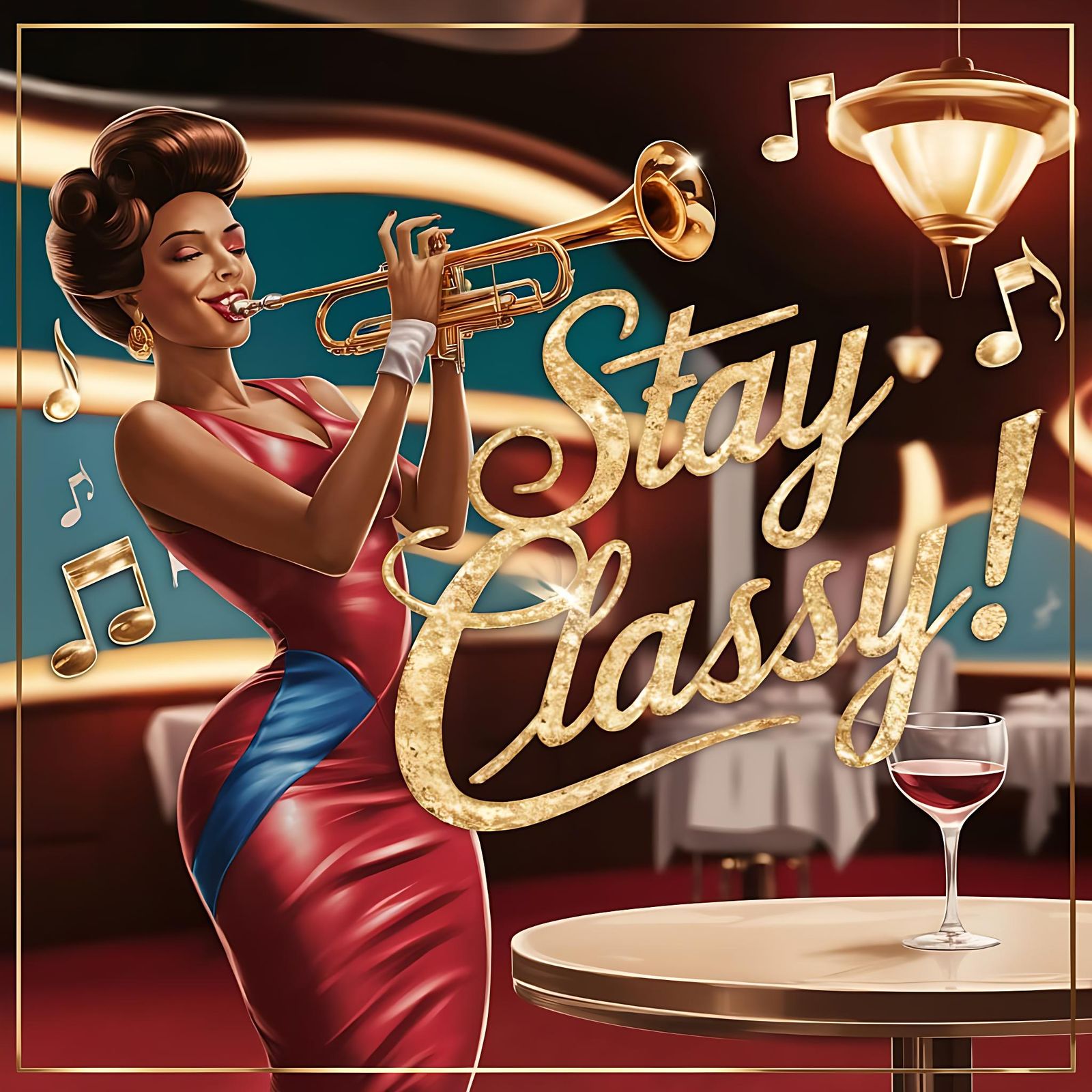 Stylish Jazz Woman with Trumpet in Retro Restaurant