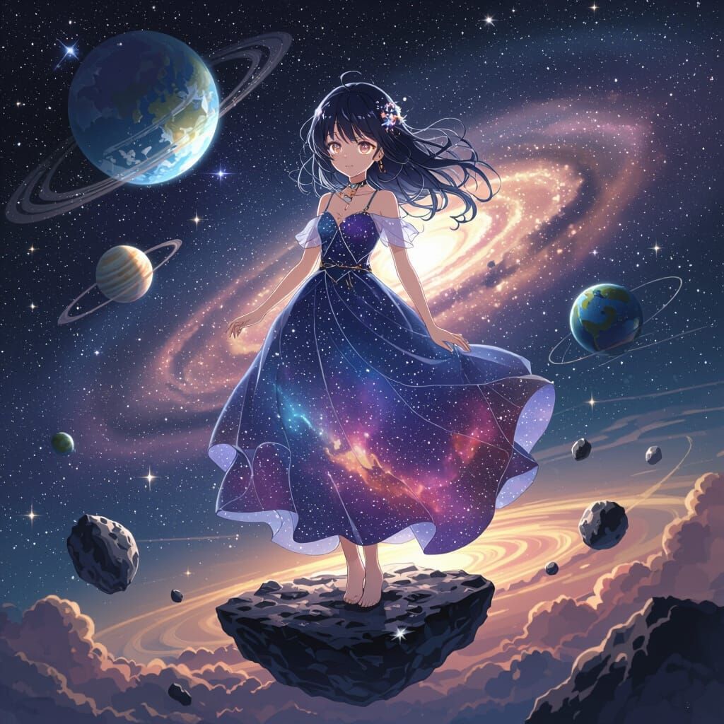 Celestial Anime Girl in Galaxy with Stardust Hair