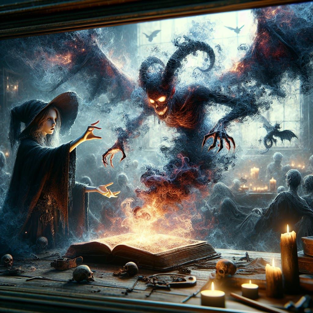 Witch Conjuring Smoke Demon from Grimoire