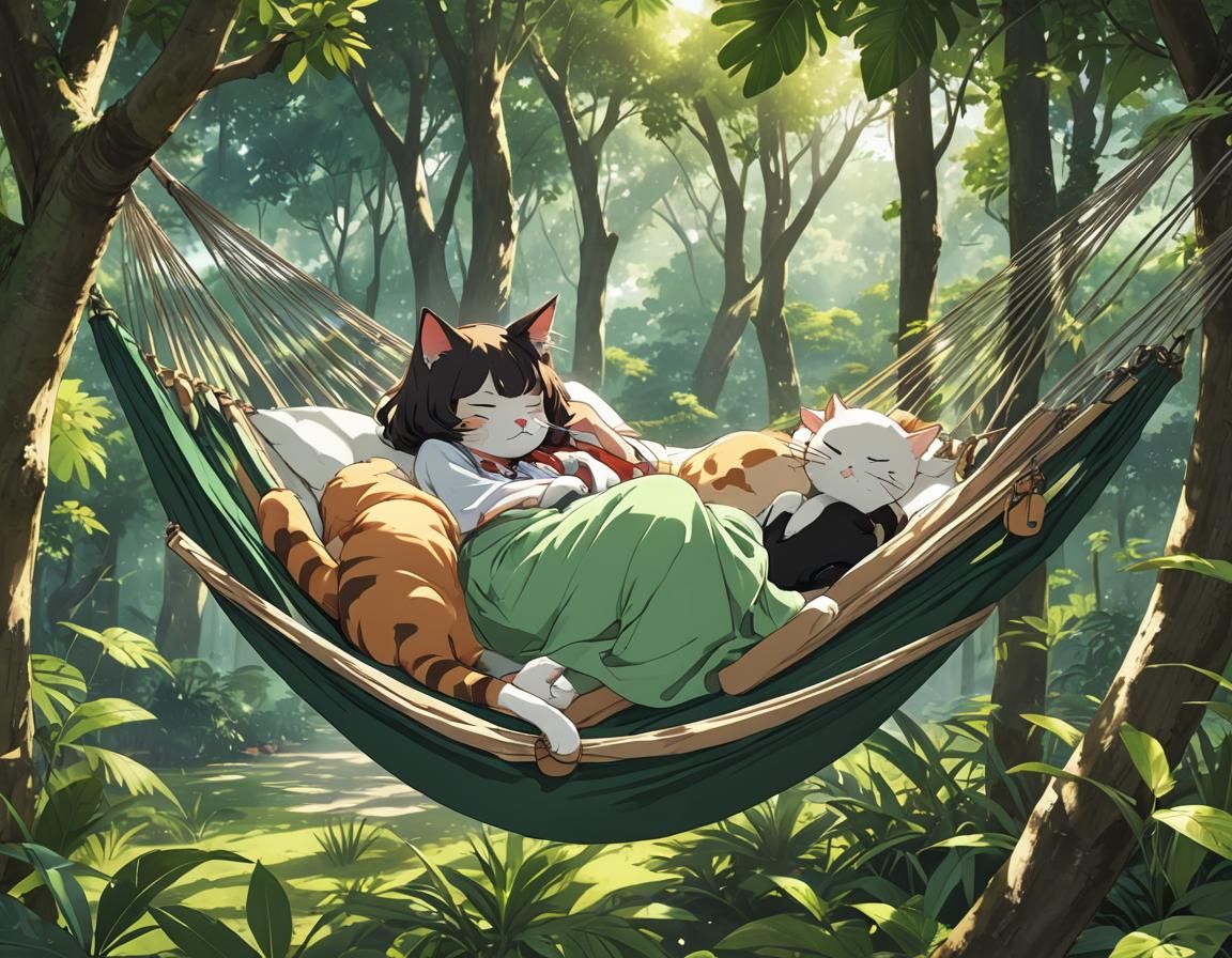 Girl Sleeps in Jungle Hammock with Cat: Anime Style