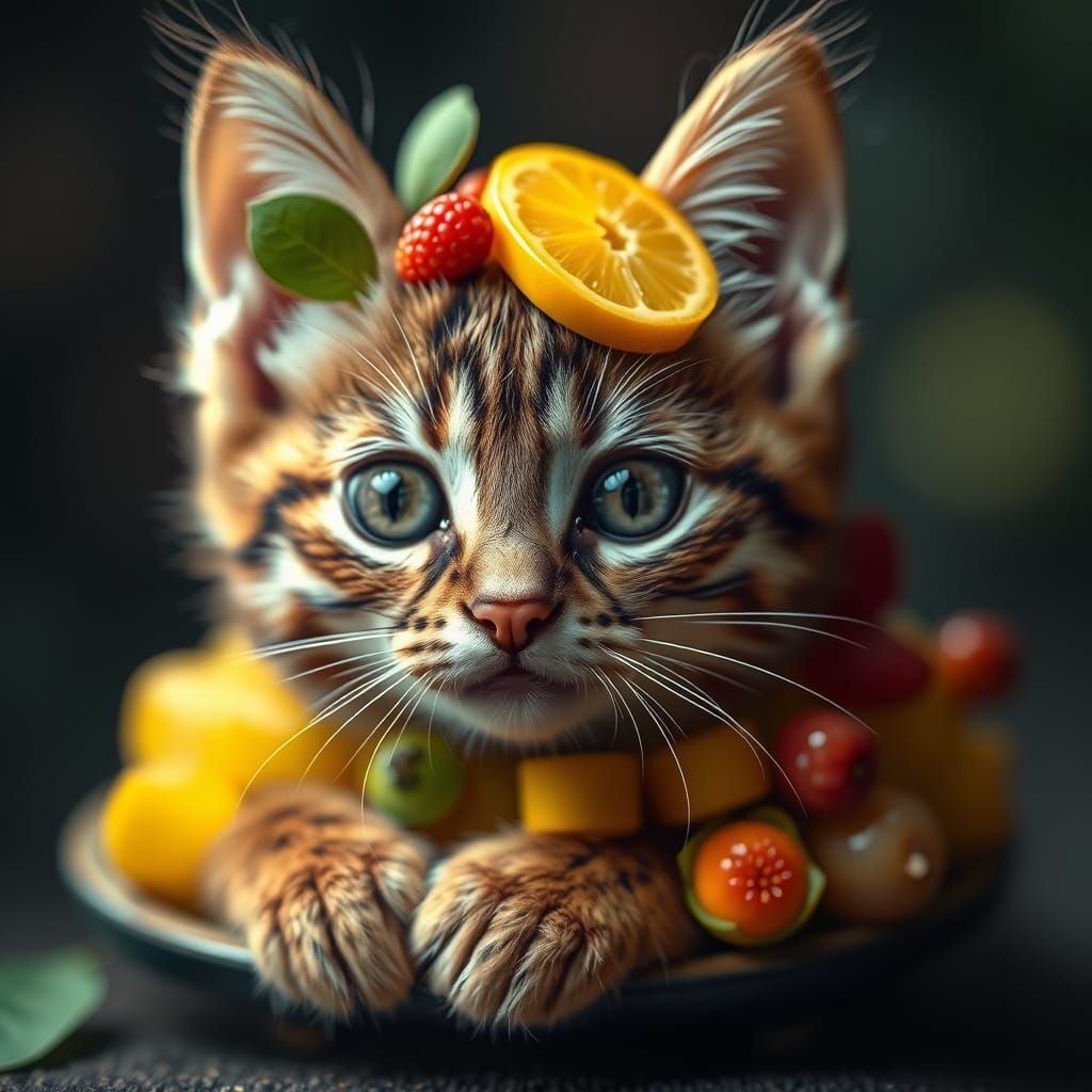 Fruitful Feline Encounter: Textural Harmony in Hyperrealisti...