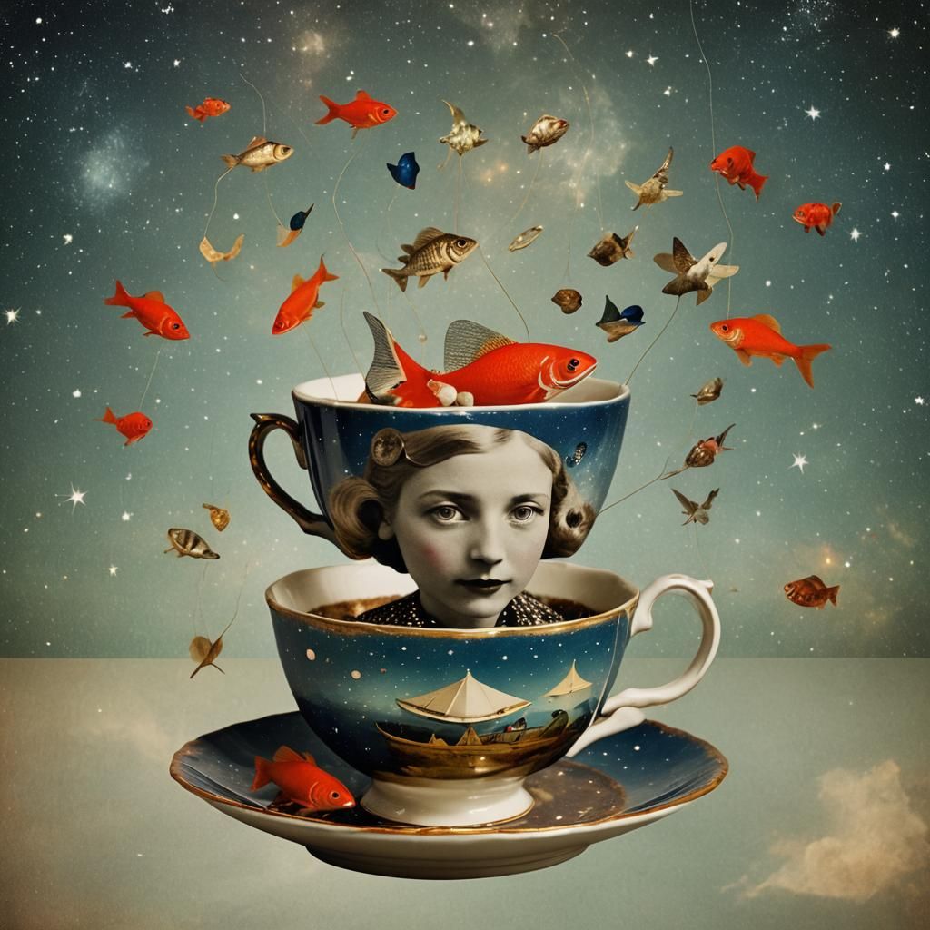 Surreal Galaxy Teacup Boat with Goldfish, Hyperrealistic Spl...