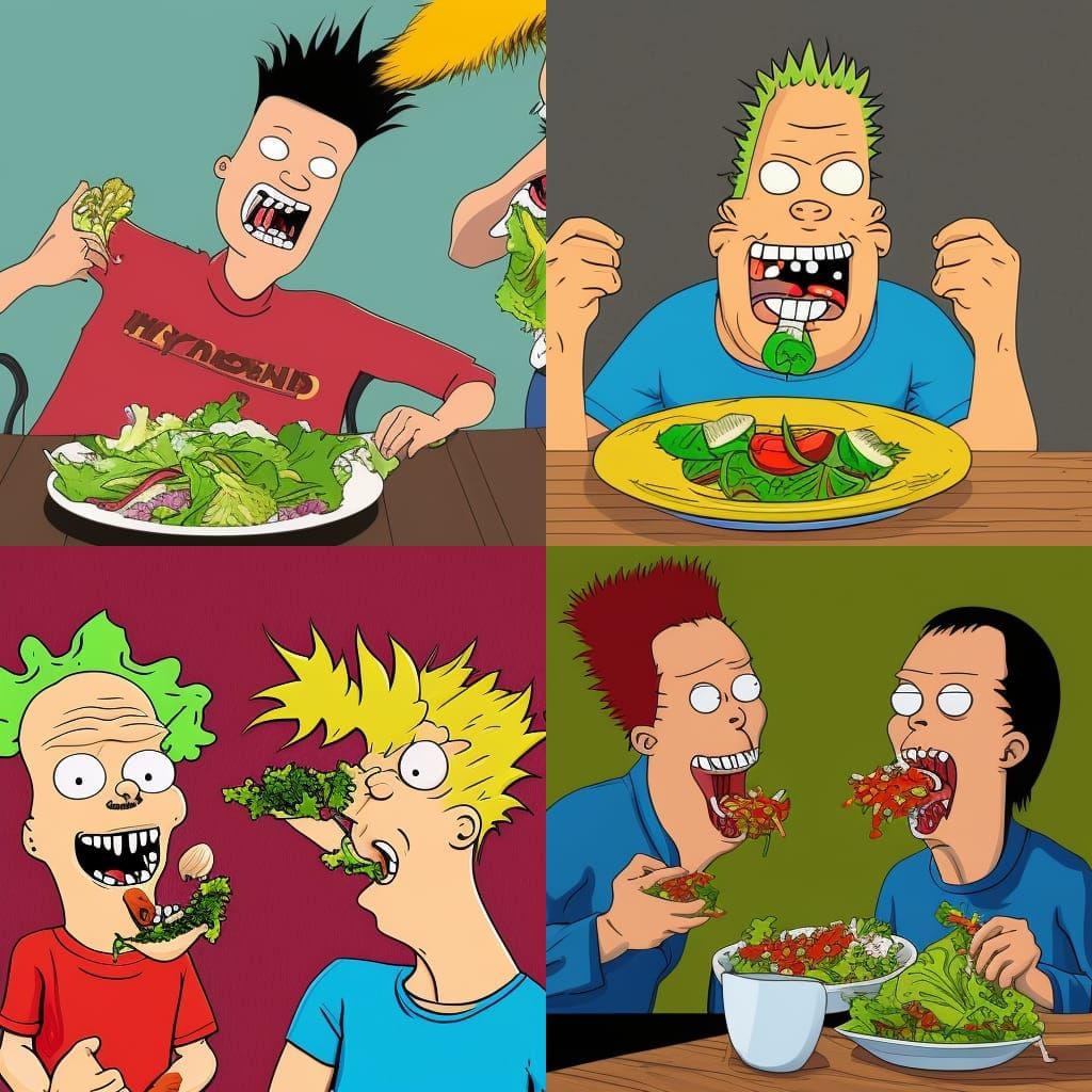 Hyperrealistic Beavis and Butthead Eating Salad