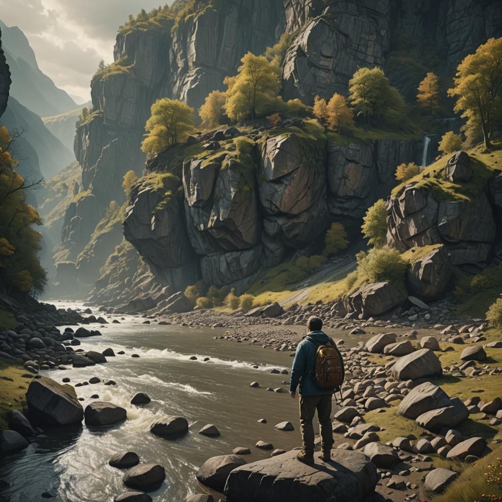 Man Rock Hunting by River: Digital Matte Painting