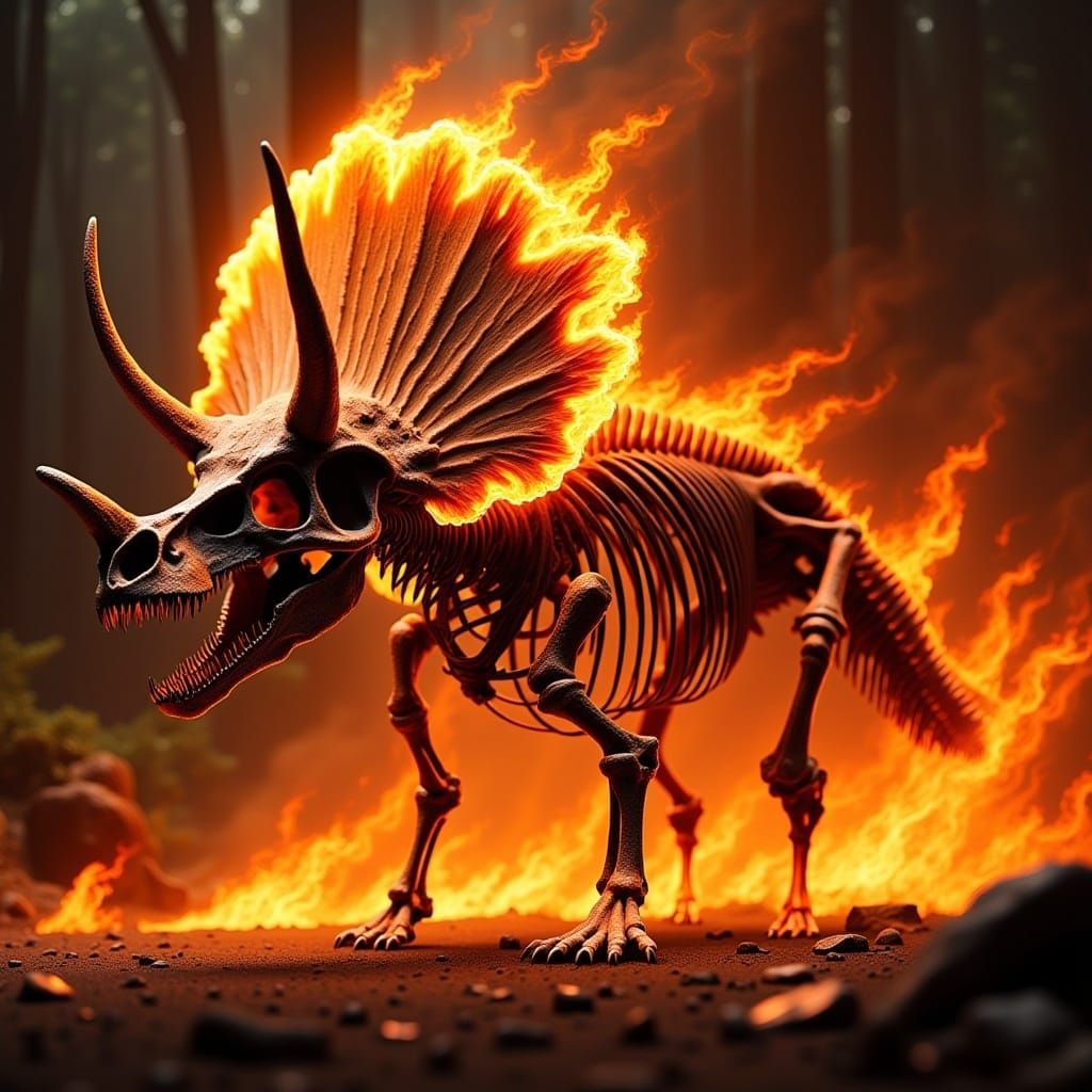 Triceratops Skeleton Emerges from Blazing Flames