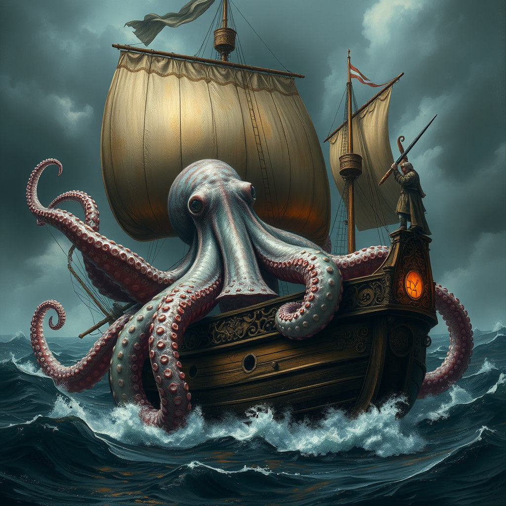 Giant Octopus Attacks Galleon in Dark Surrealism Style
