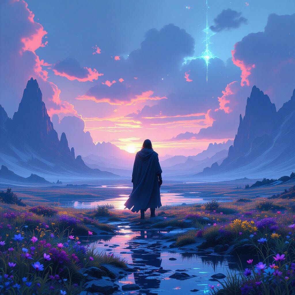 Mystical Figure in Dreamlike Landscape, Detailed Matte Paint...