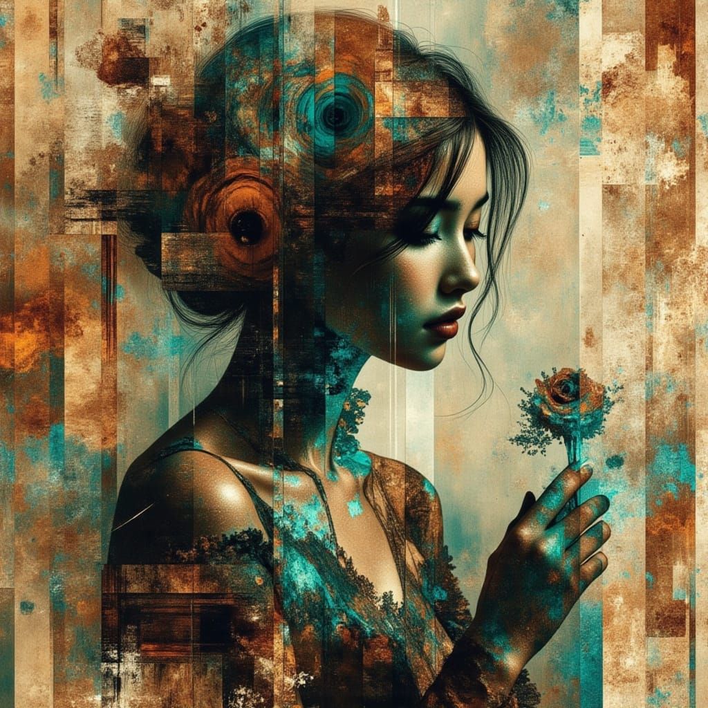 Marbled Glitch Art Woman on Mixed Media