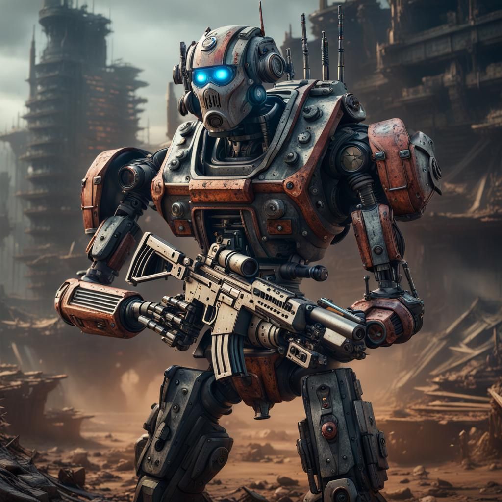 Apocalyptic Warrior Robot in Analog Horror Style