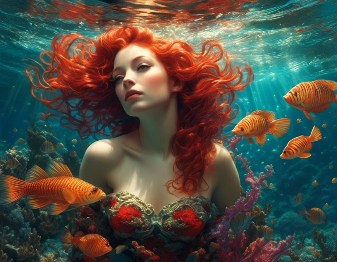 Red-Haired Mermaid in Coral Reef, Pin-Up Art