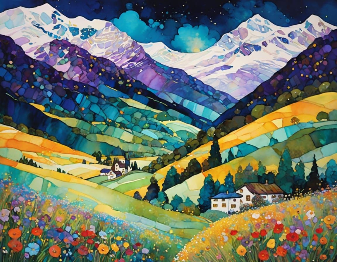 Dreamy Alps Landscape in Klimt's Style