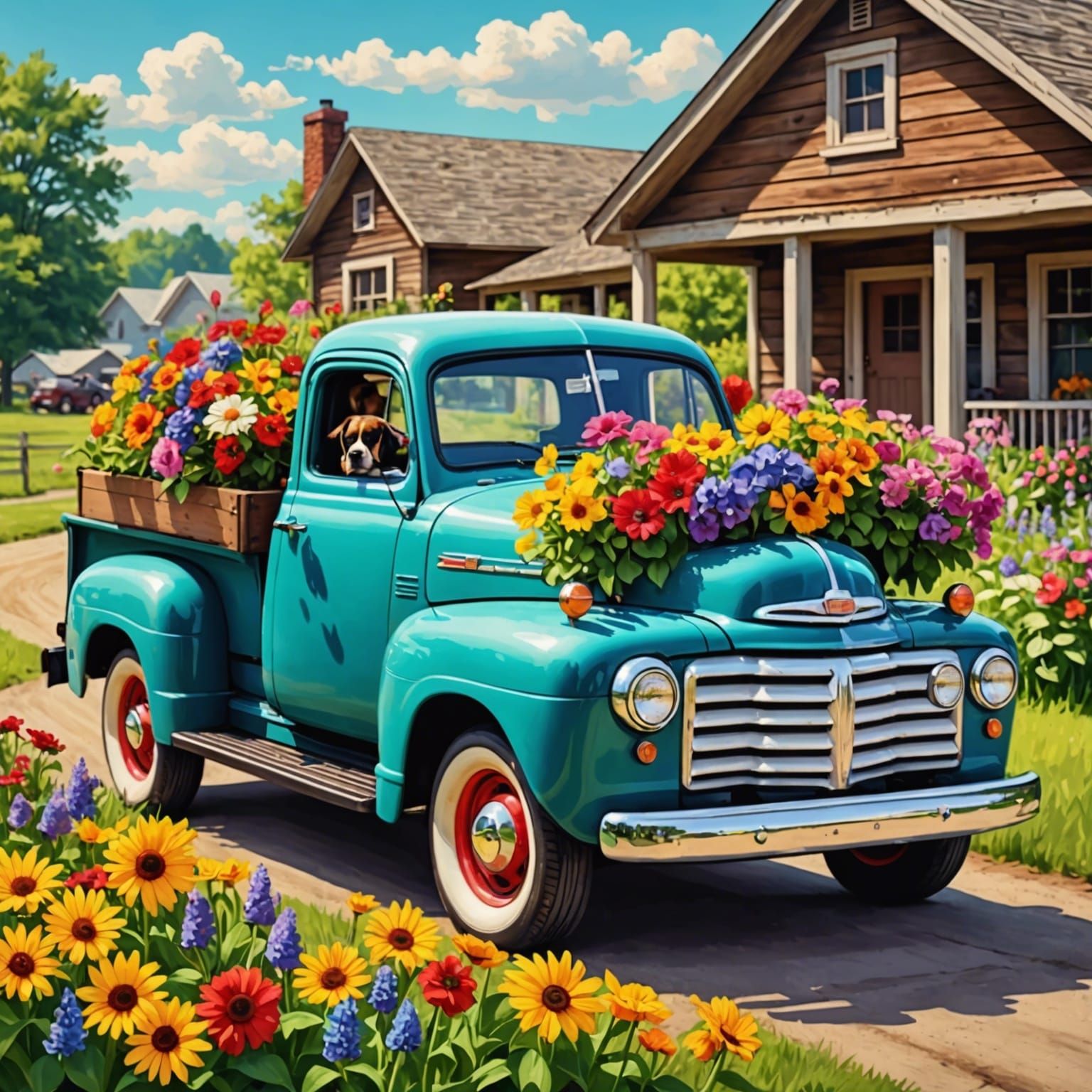 Vintage Truck Overflowing with Flowers, Grandkids, and Puppi...