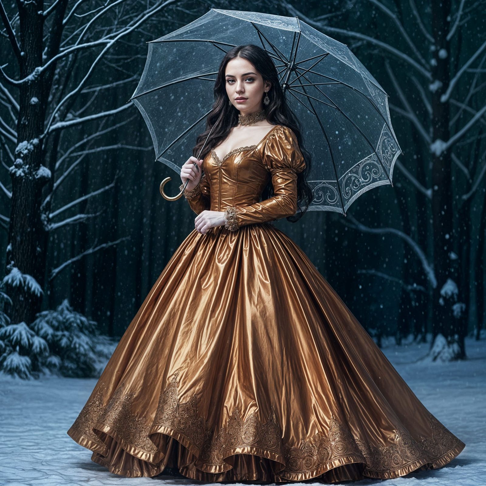 Victorian Woman in Shiny Latex Dress in Snow