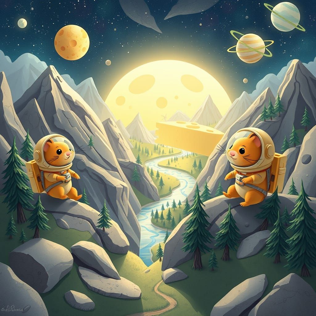 Hamster Astronauts Discover Cheese Planet in Dreamy Landscap...