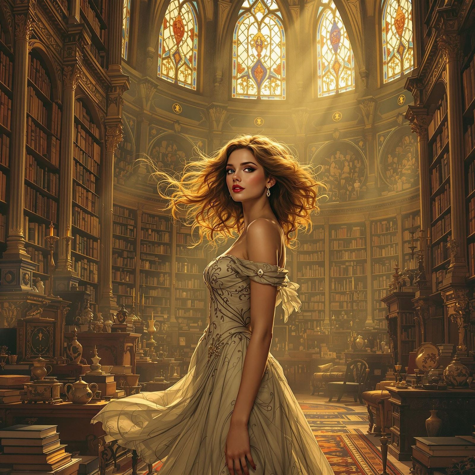 Elegant Woman in Grand Library, Art Nouveau Style