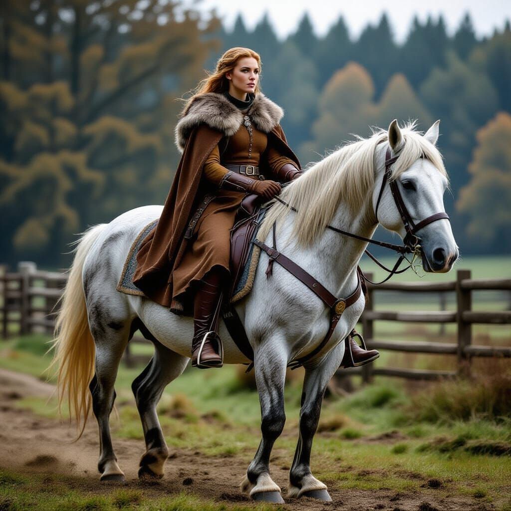 Medieval Woman on Grey Horse in Cinematic Film Style