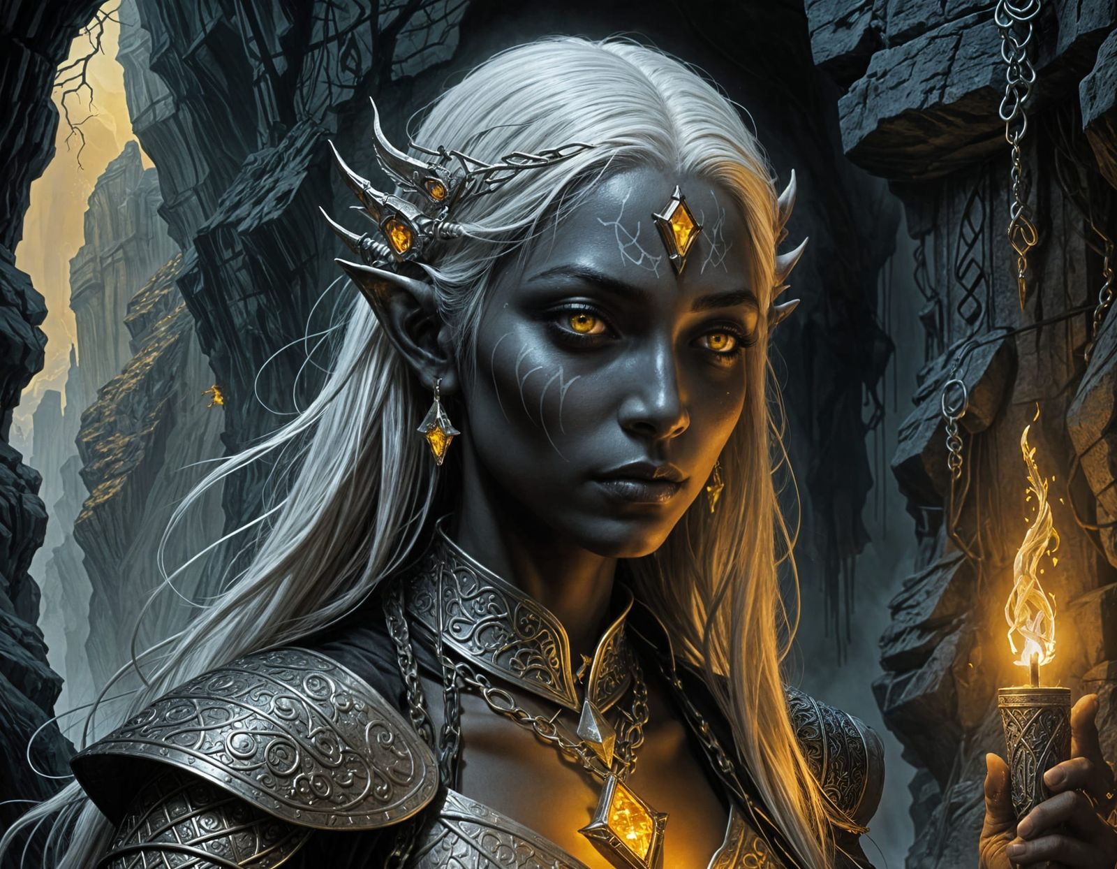Dark Fantasy Drow Maiden Illuminates Sinister Cave Temple