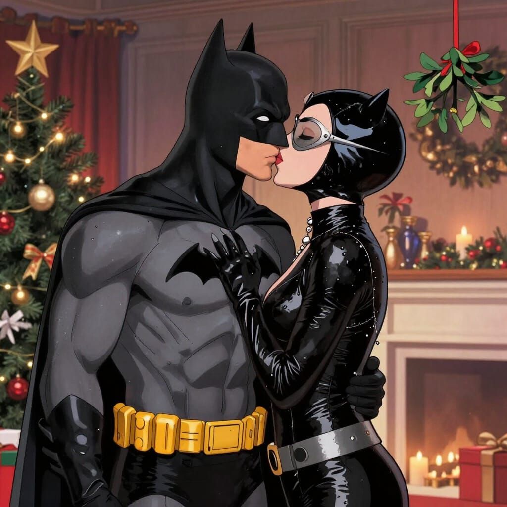 Batman and Catwoman Kiss Under Mistletoe at Christmas Party