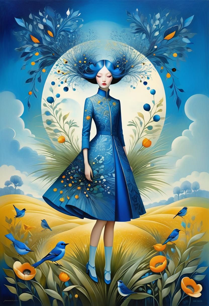 Iridiscent Bluebird Portrait in Botanical Art Deco Style