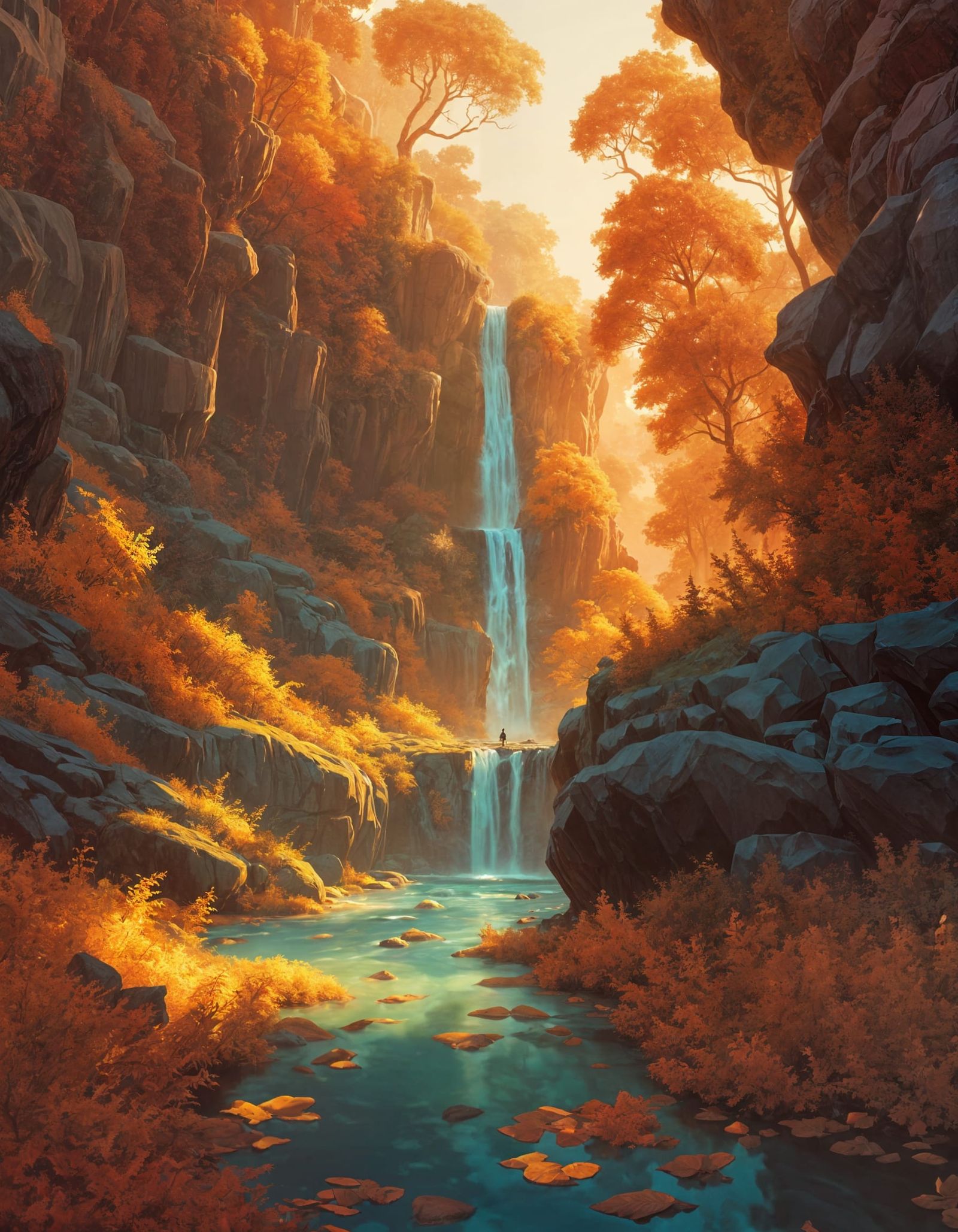 Magical Autumn Waterfall at Golden Hour Sunset