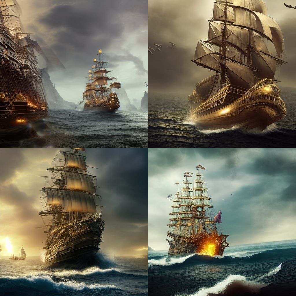 Golden Pirate Ship Sails Trench: Digital Matte Painting