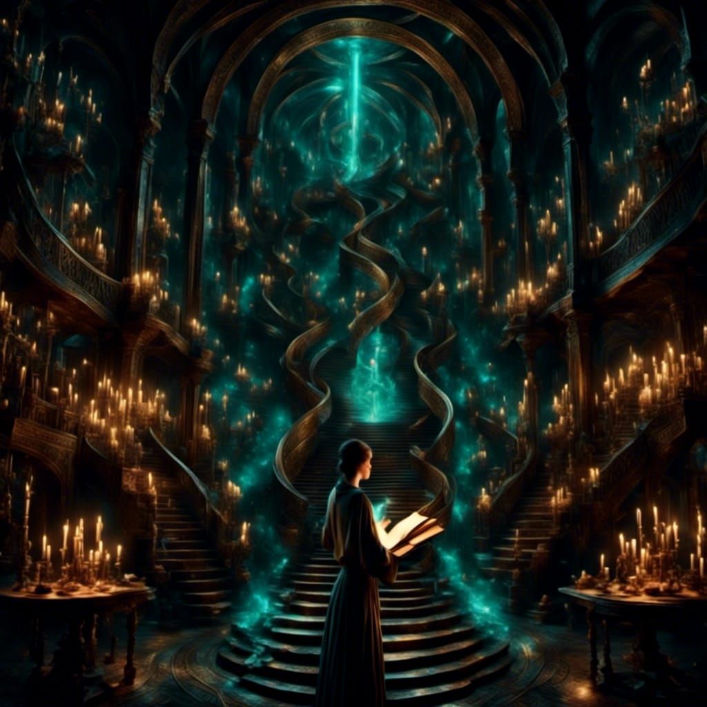 Ancient Library with Holographic Tech