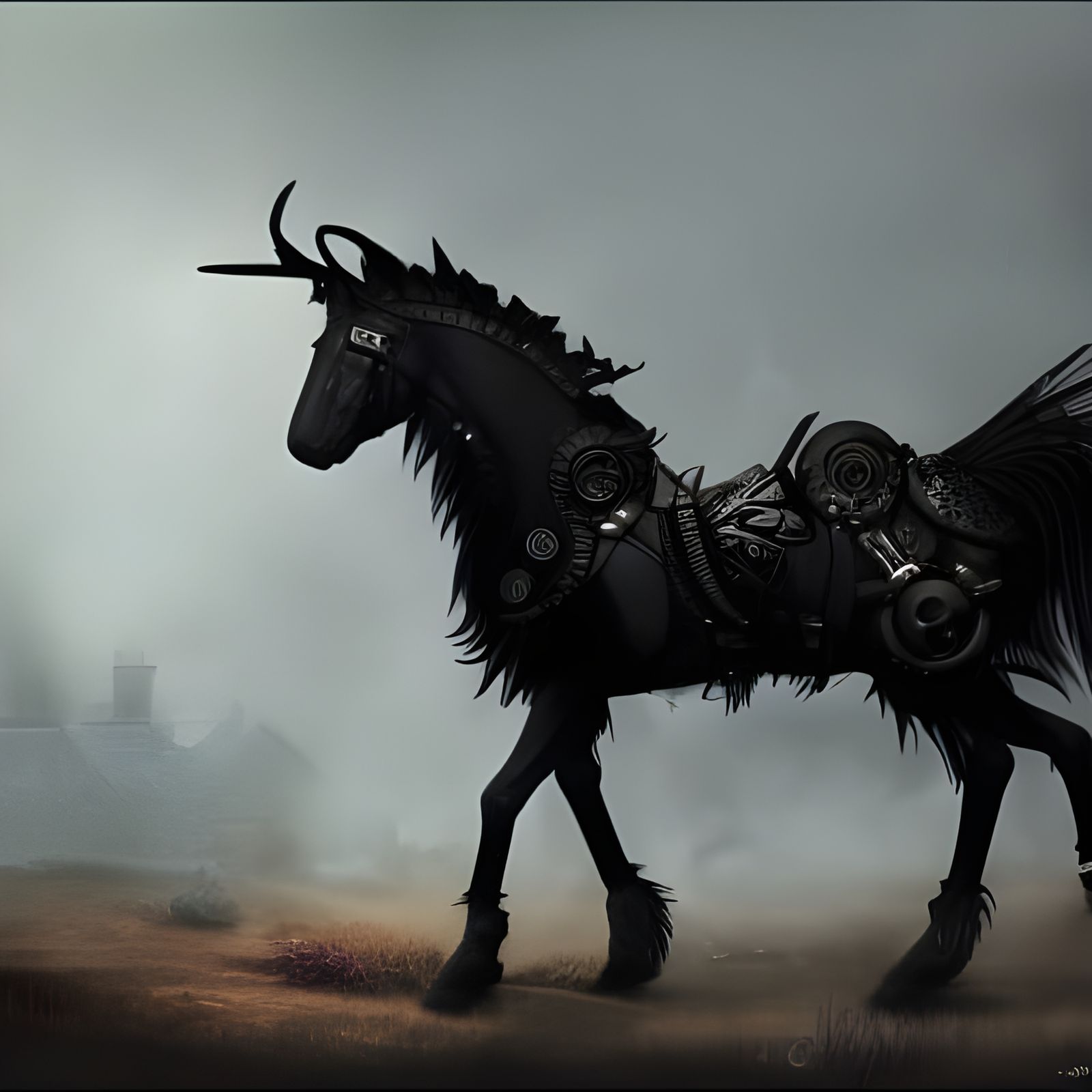 Steampunk Black Horse with Mohawk in Detailed Painting