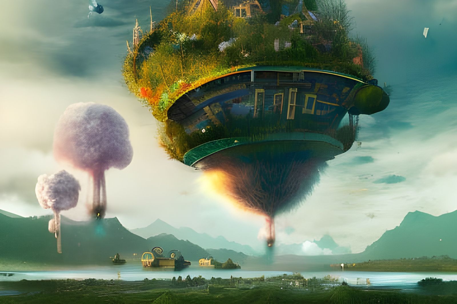 Floating Hobbit Village with Rainbow Fireworks