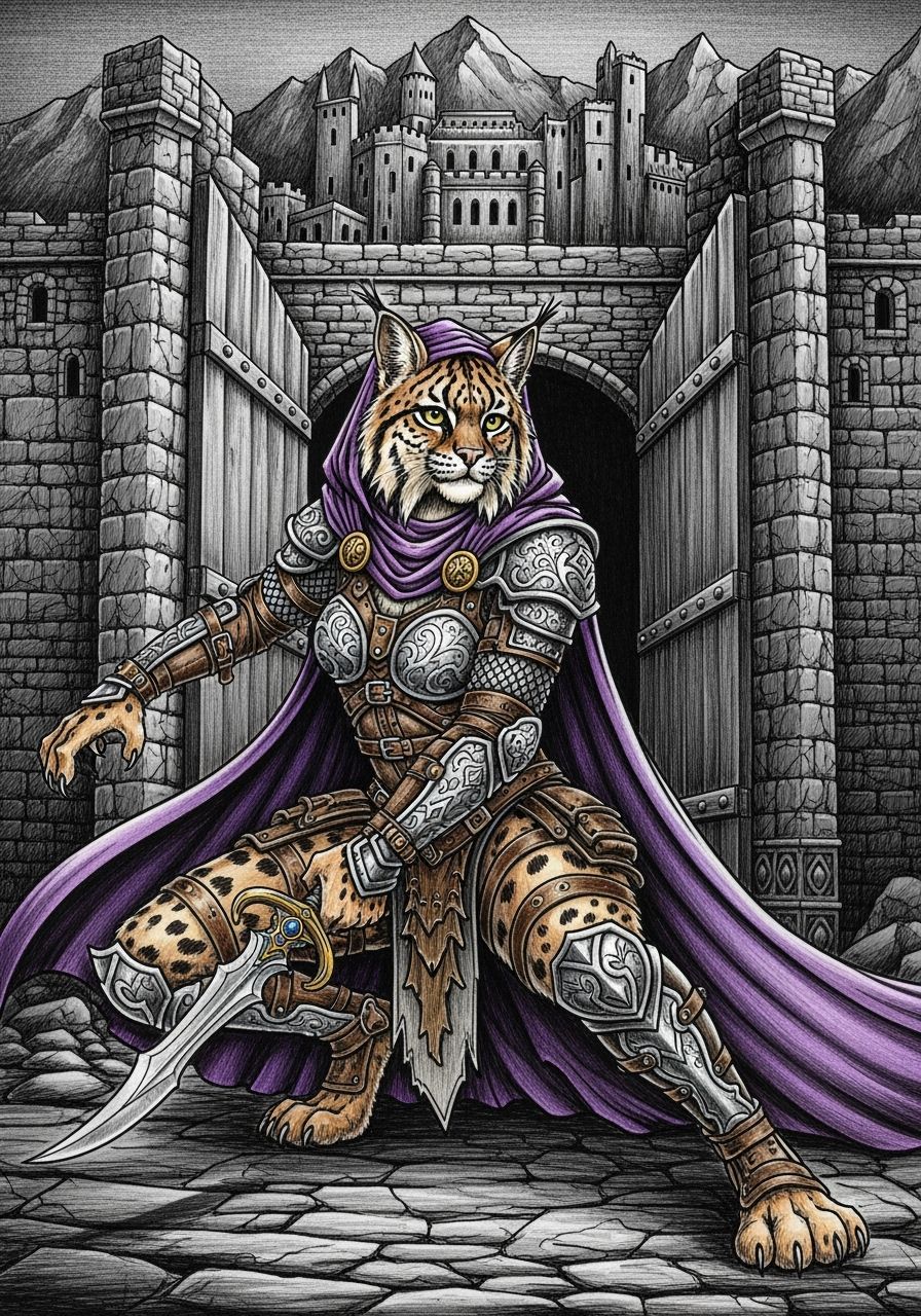 Fantasy Bobcat Rogue at Mountain Fortress in Dark Fantasy St...