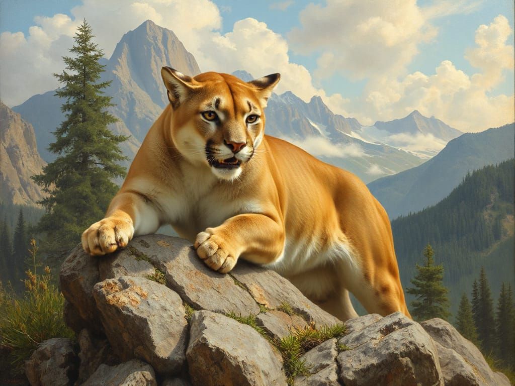 Cougar in Mountains: Baroque Rococo Oil Painting
