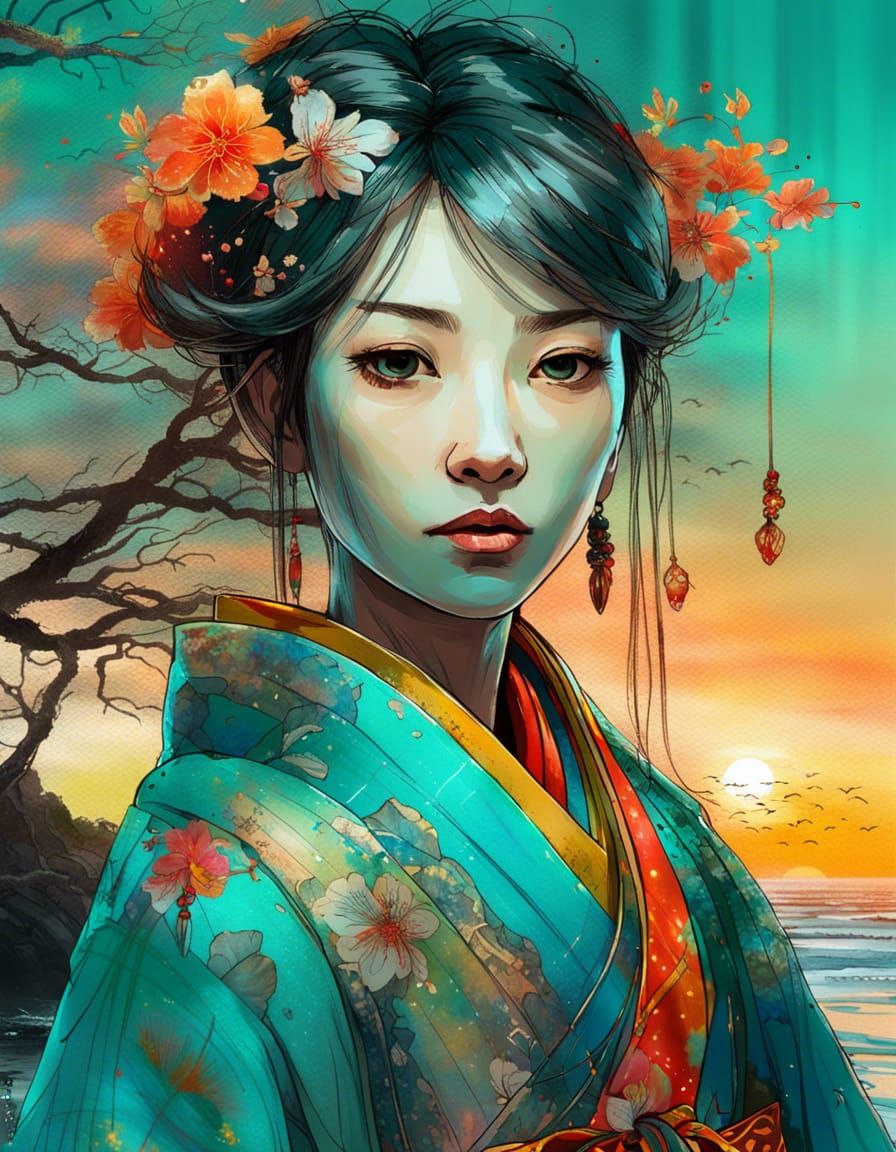 Japanese Princess in Kimono on Sunset Beach