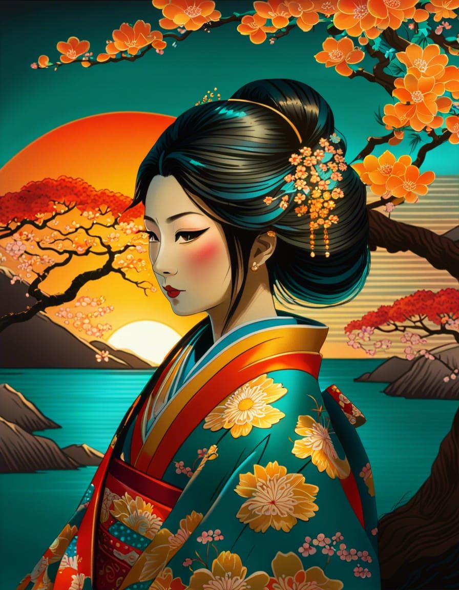 Japanese Princess in Kimono at Sunset: Ukiyo-e Style