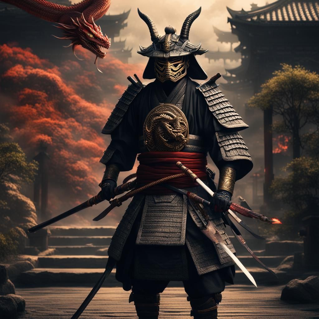 Samurai with Dragon Mask in Digital Matte Painting